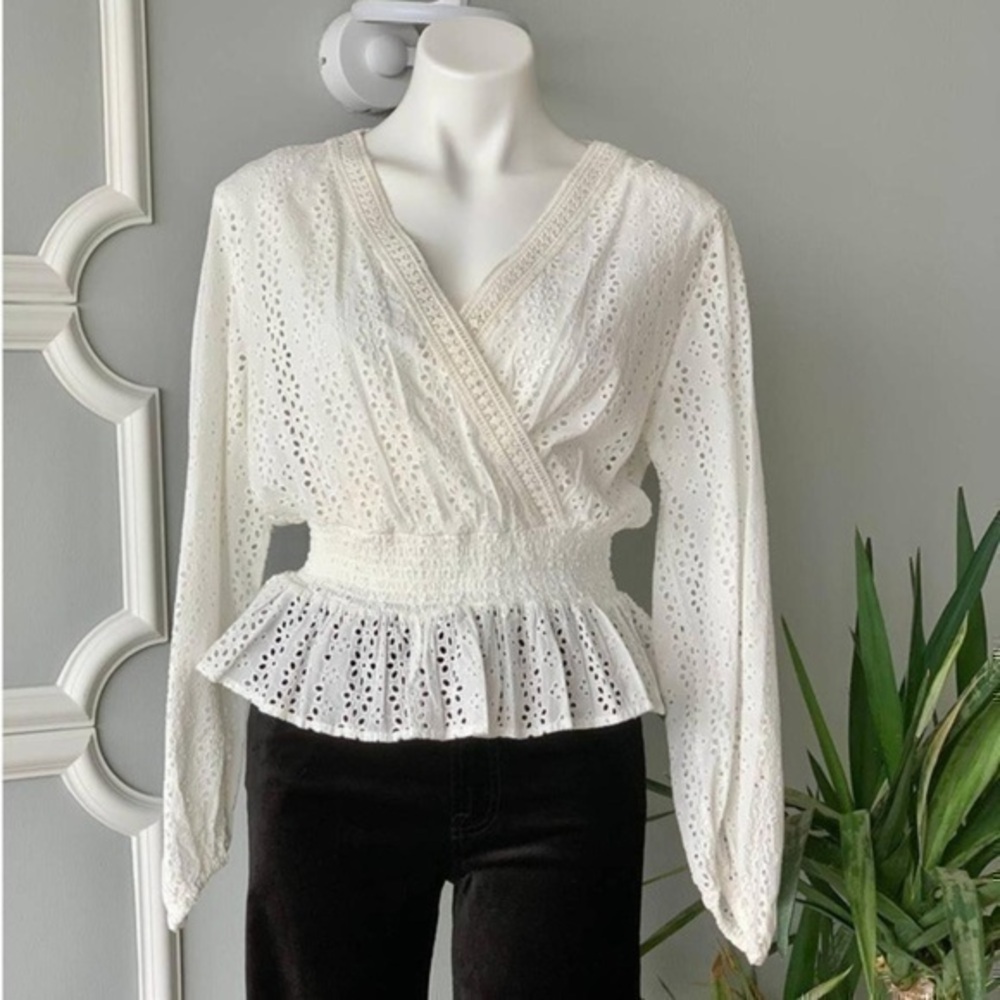 The Kooples White Eyelet Ecru Cotton Peplum Blouse Size 3
